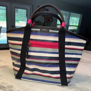 Fossil Striped Large Coated Canvas Tote bag Blue Pink White and Black